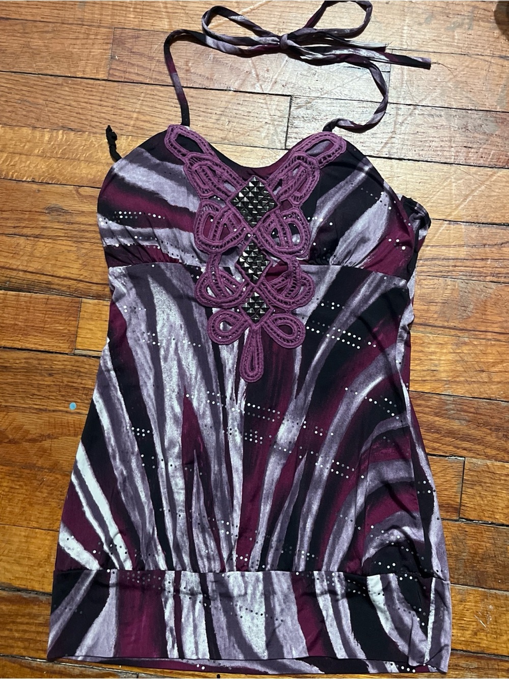 mandee Purple and Black Halter Tank with Crochet Detail
